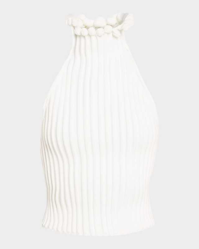 Ribbed Knit Curled Trim Halter Top